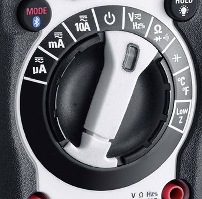 Multimeter-Drehschalter auf 'OFF', umgeben von Modi wie Spannung, Widerstand, Strom, mit blauen und roten Funktionstasten oben.