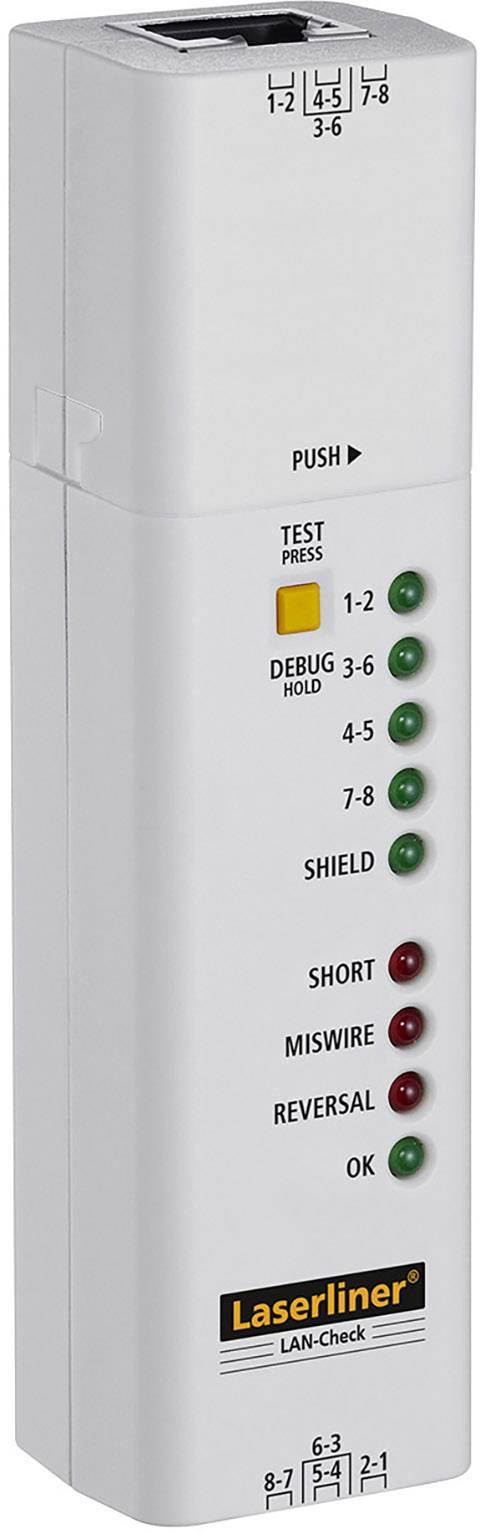 LAN-Tester von Laserliner zur Kabelüberprüfung. Zeigt Teststatus durch LEDs an für Paare 1-2, 3-6, 4-5, 7-8, einschließlich Schirmung.