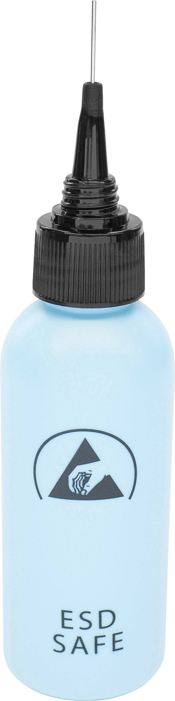 Blaue Flasche mit schwarzer Kappe und Nadel, etikettiert mit 'ESD SAFE' und einem ESD-Warnsymbol, zeigt antistatische Eigenschaften an.