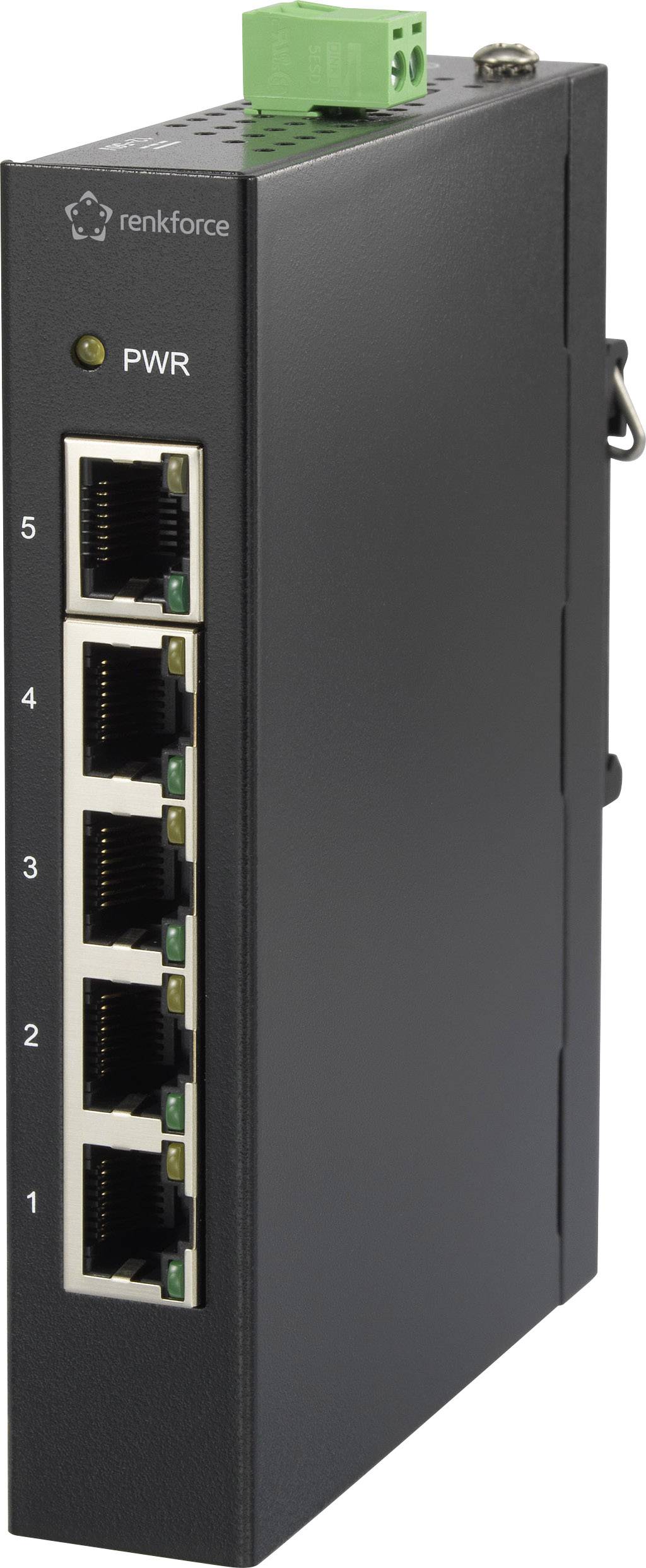 Schwarzer Netzwerk-Switch mit fünf Ethernet-Ports und grünem Stromanschluss oben. Verwendet zur Verteilung von Netzwerksignalen.