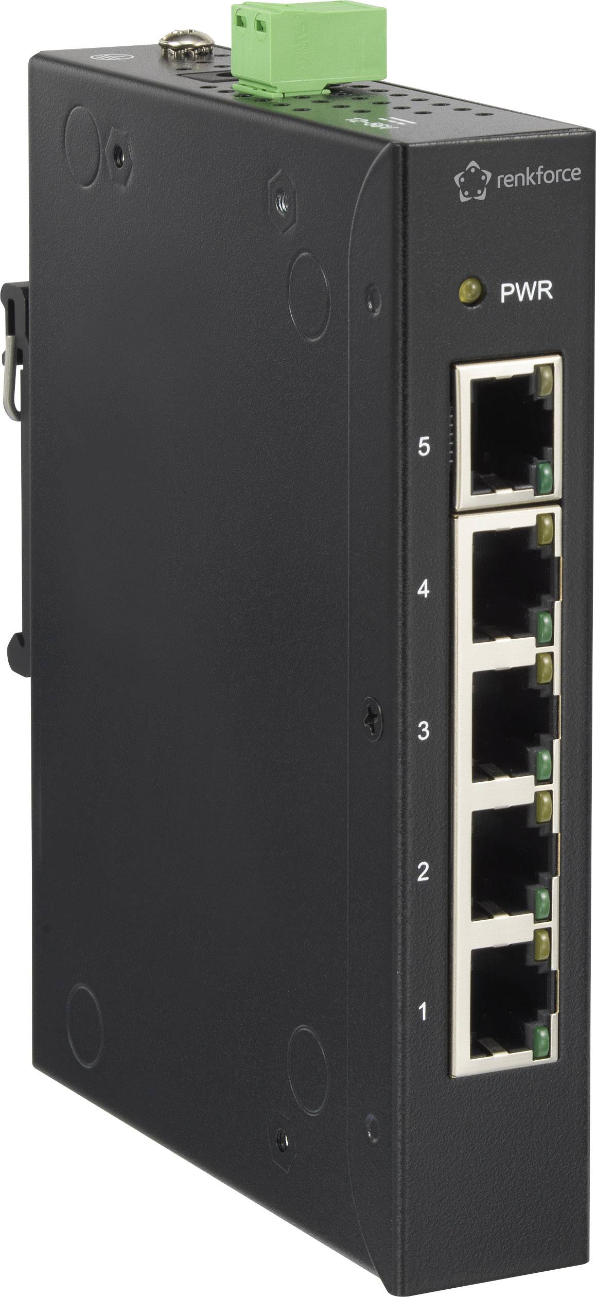 Industrieller Netzwerk-Switch mit fünf Ethernet-Ports und PWR-Anzeige, robustes Design für raue Umgebungen, von renkforce.