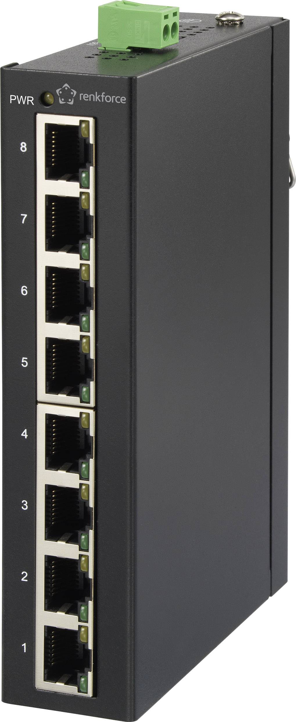 Ein schwarzer Ethernet-Switch mit acht LAN-Anschlüssen, nummeriert von 1 bis 8. Oben sind Strom- und Statusanzeigen. Markenlogo auf der Oberseite.