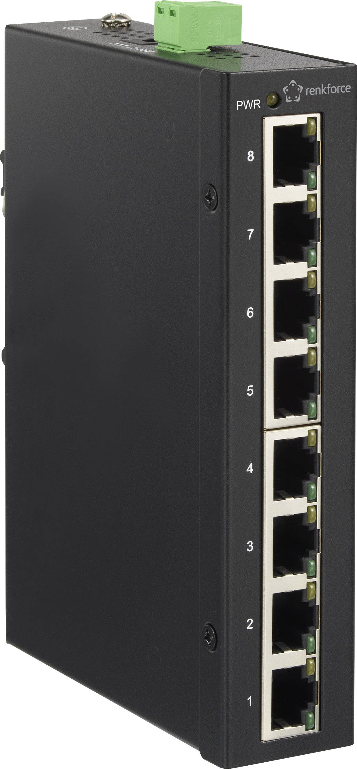Ein kompakter, schwarzer Netzwerk-Switch mit acht Ethernet-Ports und grünem Stromanschluss oben. Geeignet für industrielle Anwendungen.