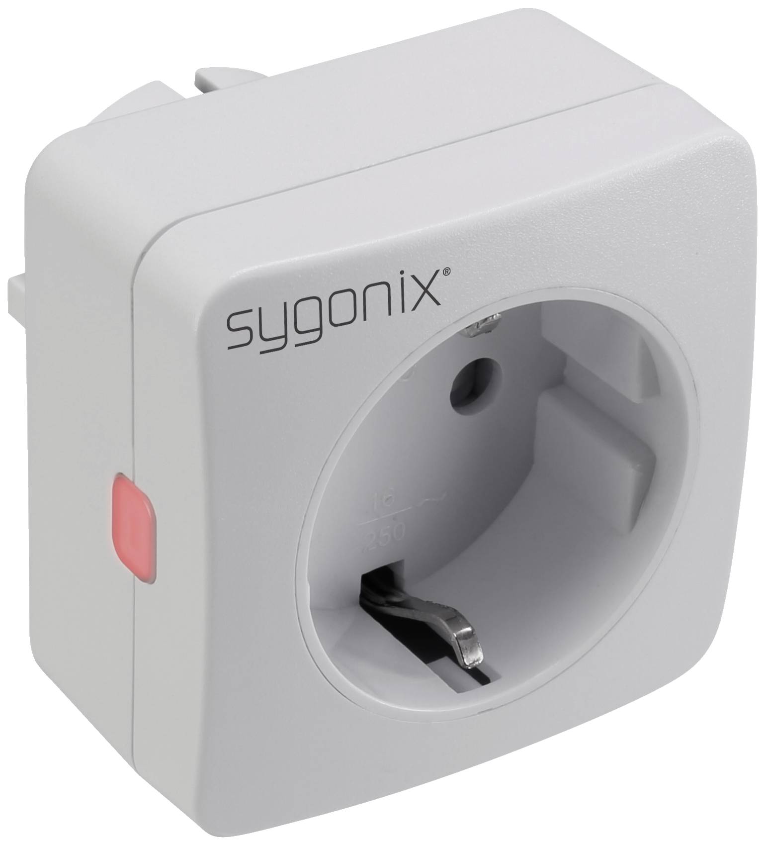 Weiße Steckdose von sygonix mit rechteckigem Design und rotem Kippschalter an der Seite.