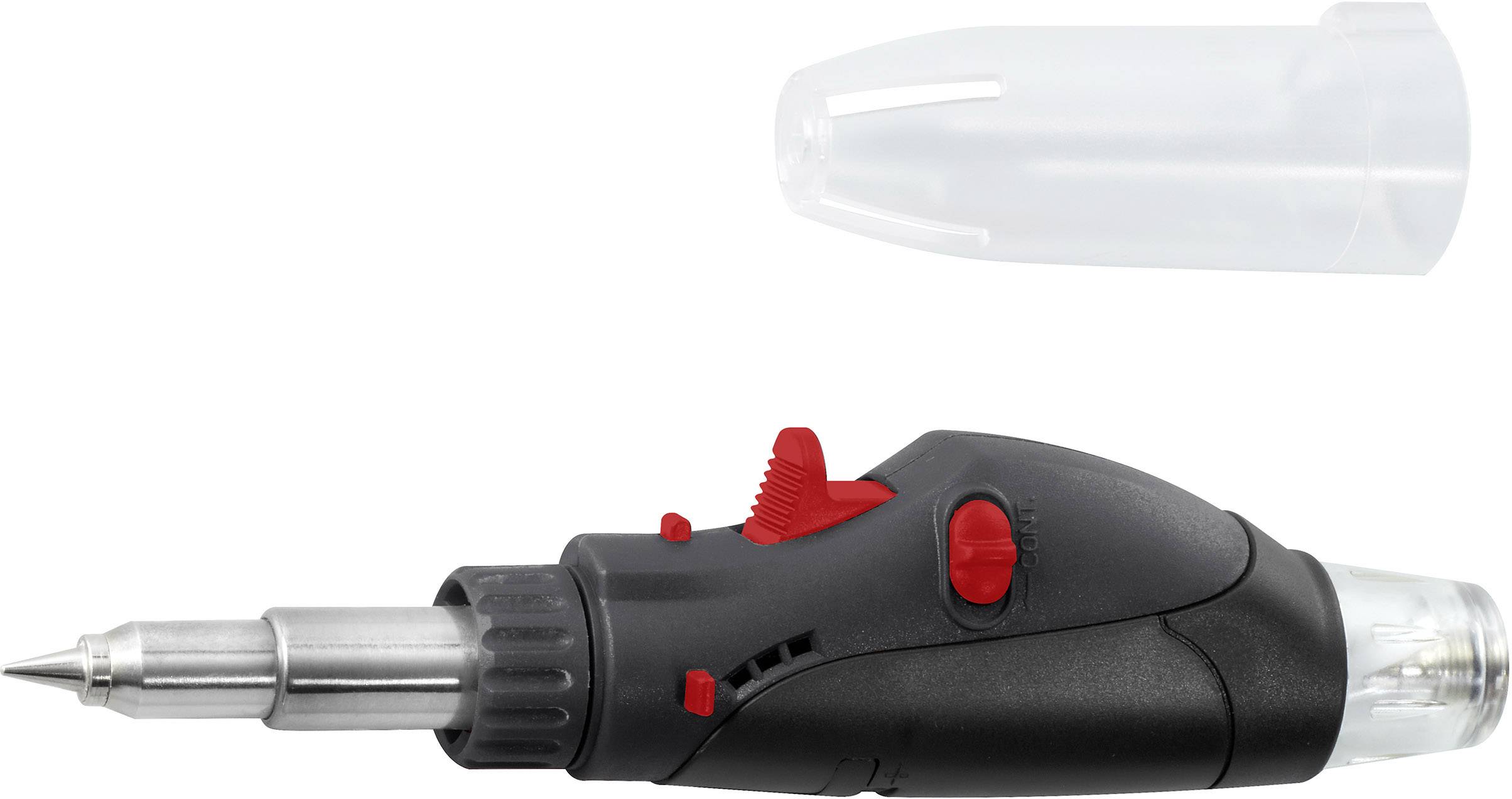Eine schwarze, batteriebetriebene Heißklebepistole mit rotem Auslöser und transparentem Schutzdeckel, auf weißem Hintergrund.