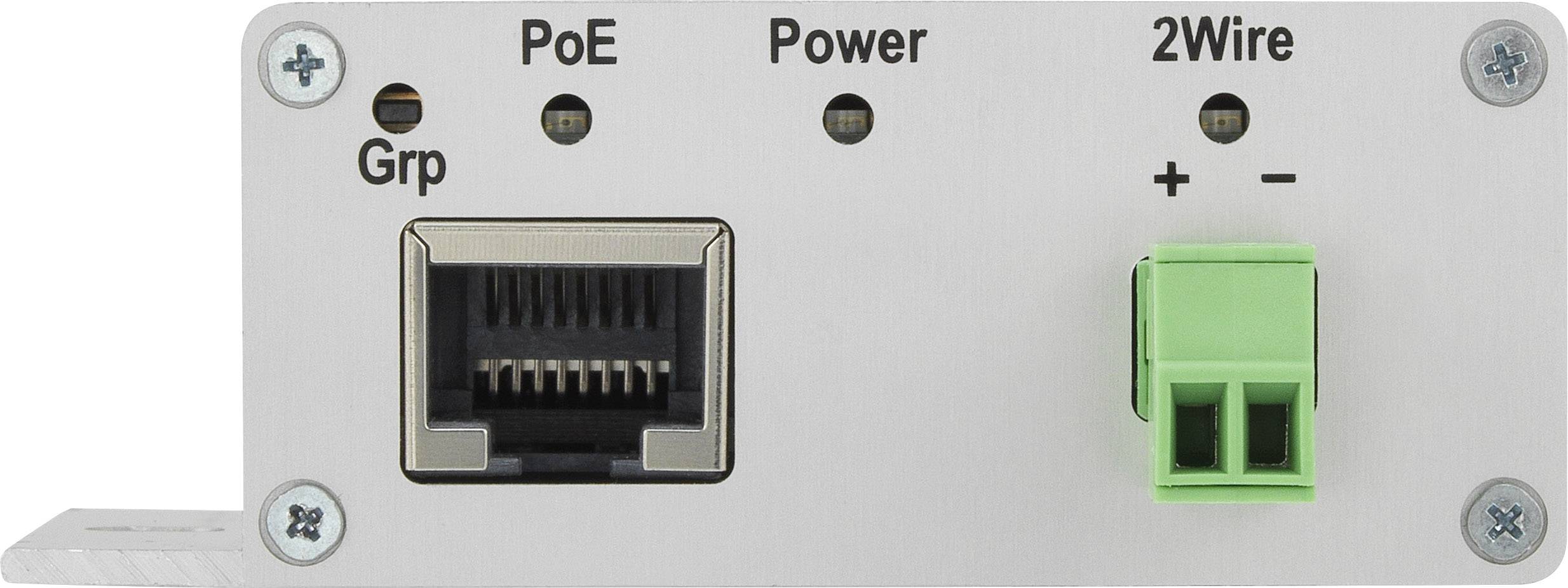 Metallplatte mit PoE-, Power- und 2Wire-Anschlüssen; daneben ein Ethernet-Port und ein grüner zweipoliger Anschluss.