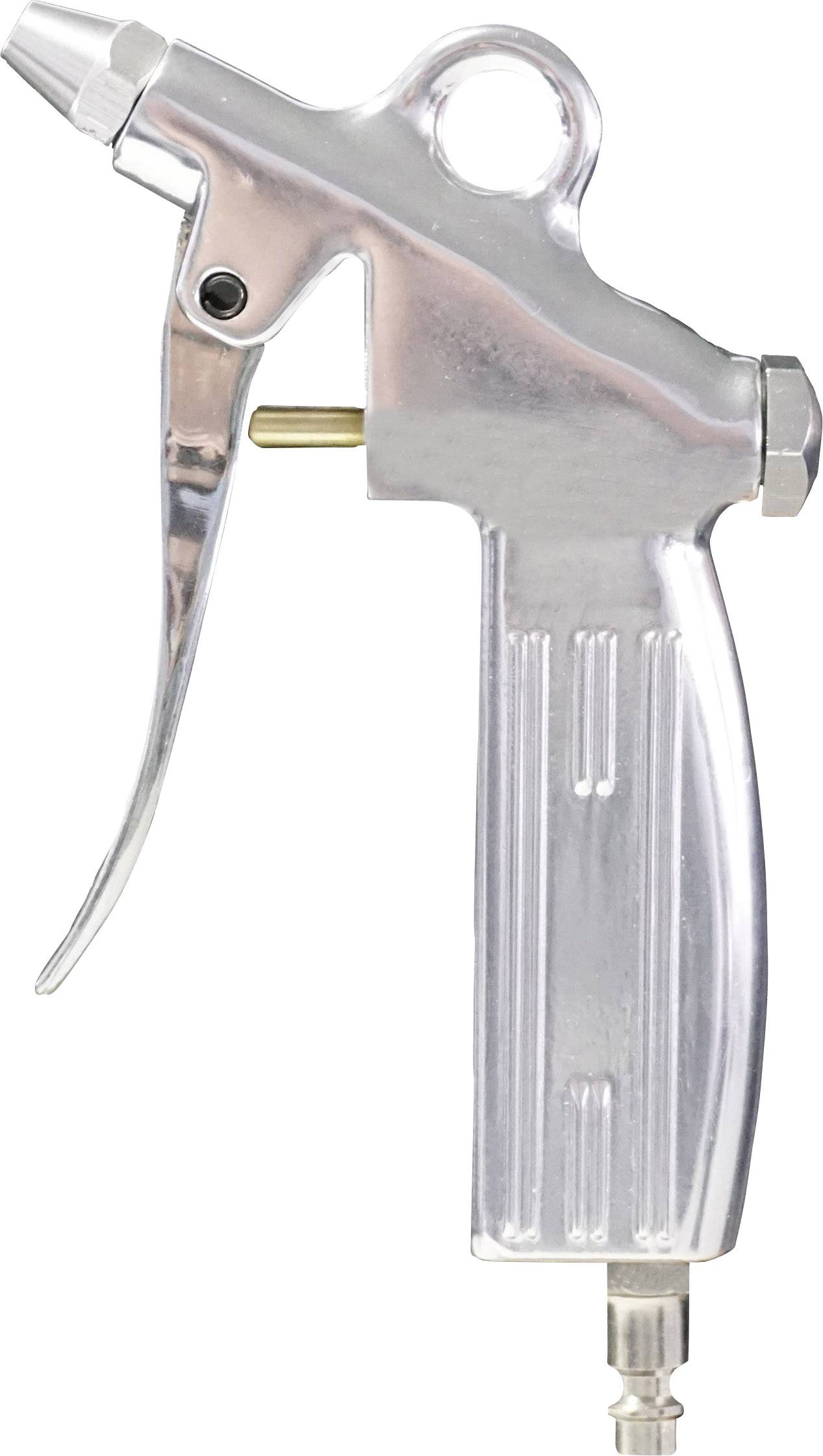 Metallspritzpistole mit Abzug und Düse, verwendet für präzises Sprühen von Flüssigkeiten oder Luftdruckanwendungen.