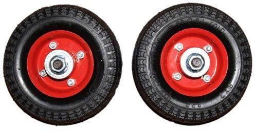 Zwei identische schwarze Gummiräder mit rotem Felgenmittelpunkt und silberner Nabe, geeignet für kleine Fahrzeuge oder Geräte.