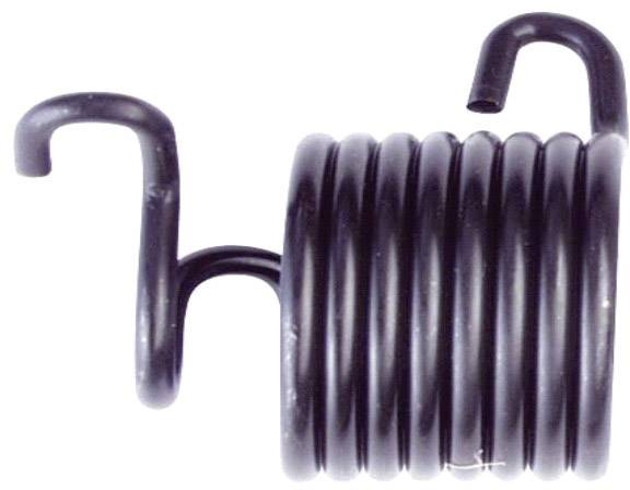 Schwarz lackierte Metallfeder mit mehreren Windungen, die zwei Haken an den Enden aufweist. Geeignet für mechanische Anwendungen.