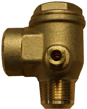 Messing-Rückschlagventil in Seitenansicht, sichtbar sind Einlass und Gewindeanschluss.