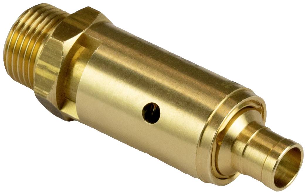 Goldenes Metallventil mit mehreren Anschlüssen und einem kleinen Loch an der Seite, typischerweise verwendet in Fluid- oder Gasleitungen.