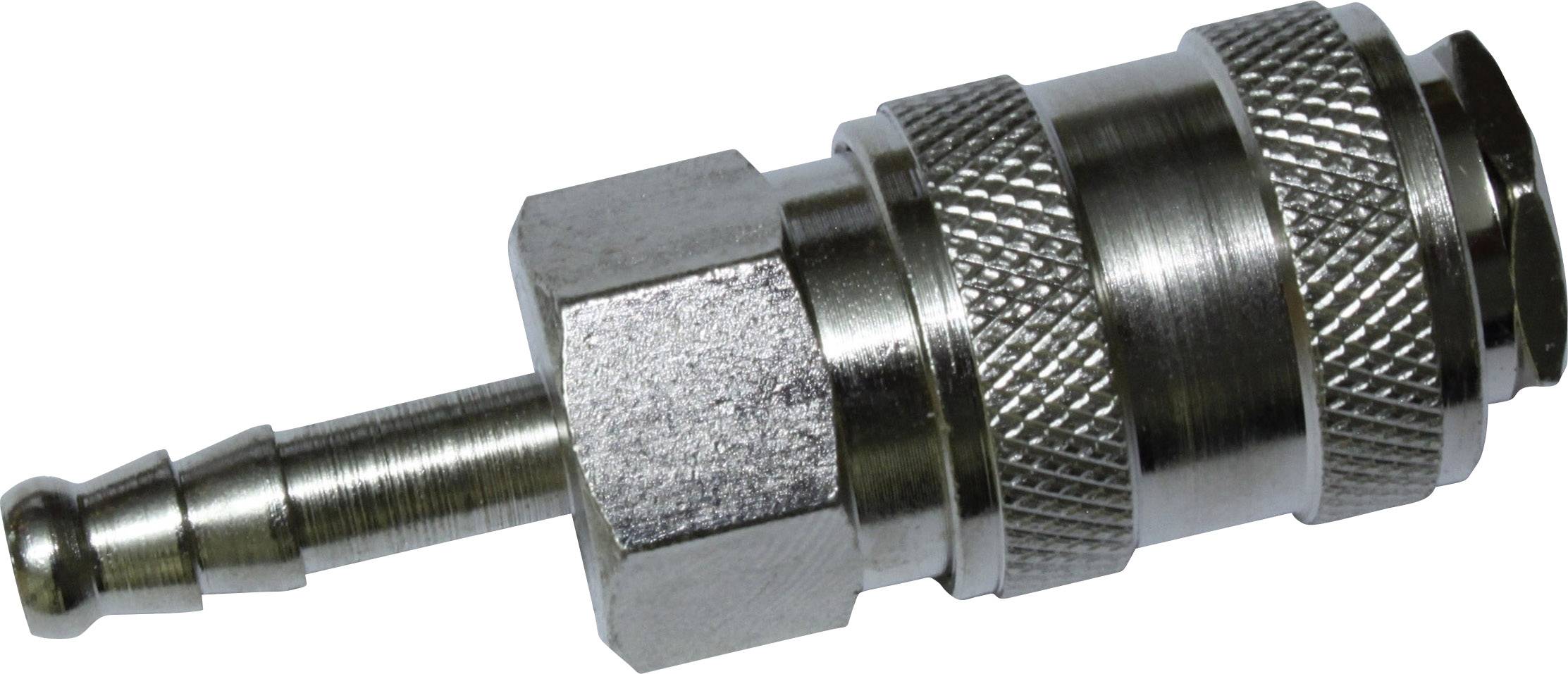 Ein metallischer Steckanschluss mit geriffelter Oberfläche, typischerweise für Druckluftsysteme verwendet, liegt auf weißem Hintergrund.
