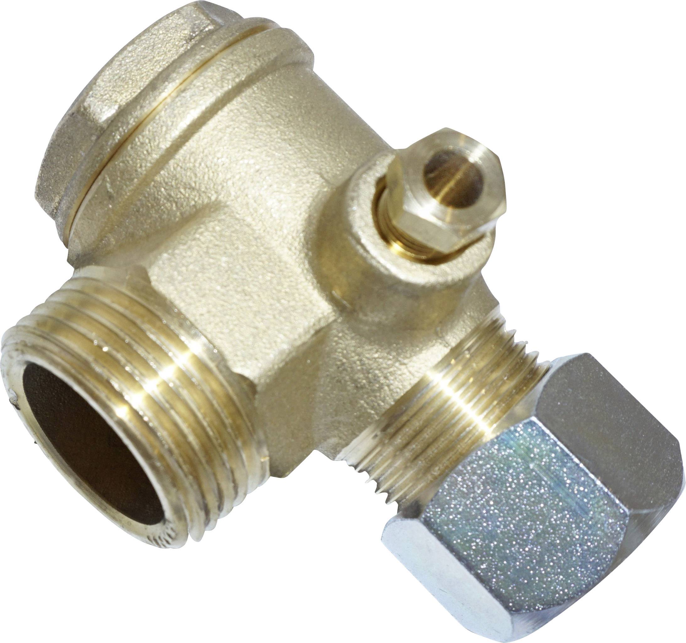 Ein Metallwinkelstück mit Gewinde, vermutlich ein Teil einer Sanitärinstallation, dargestellt in Messing und silberfarbenem Metall.