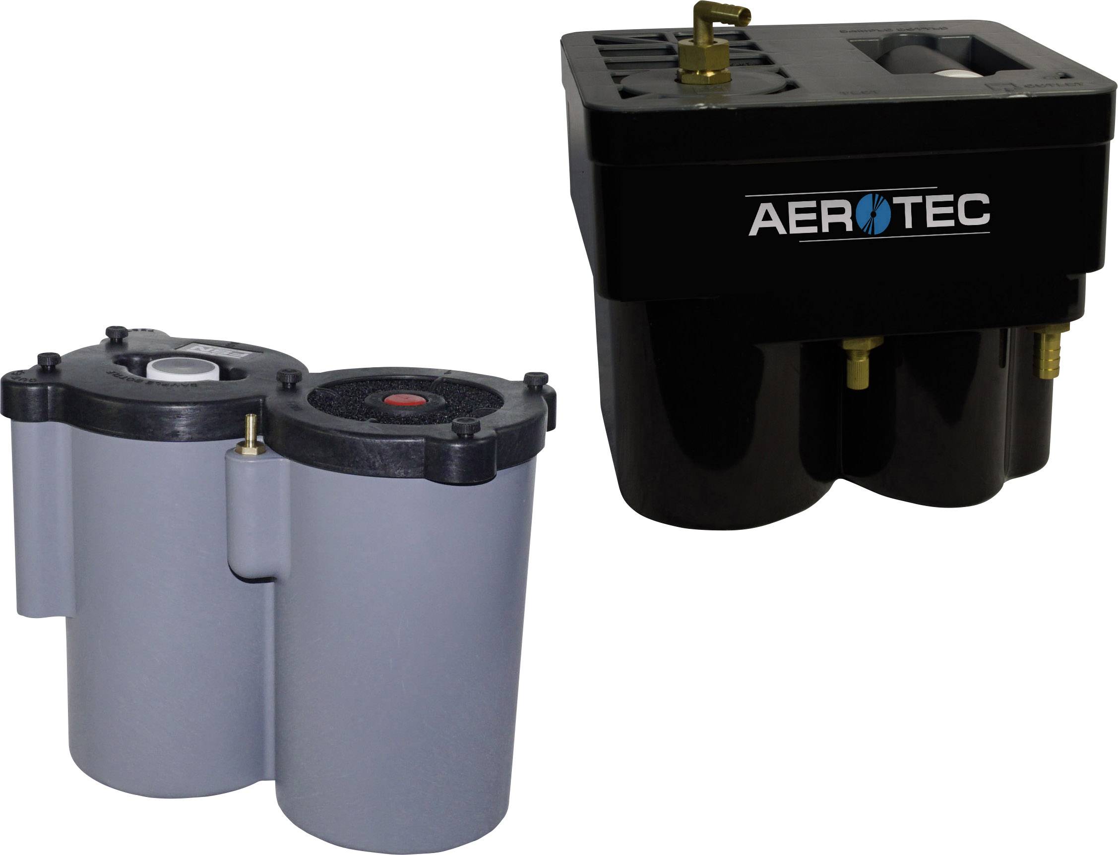 Zwei Öl-Wasser-Abscheider: links ein grauer Behälter mit schwarzem Deckel, rechts ein schwarzer Behälter mit 'AEROTEC'-Logo.