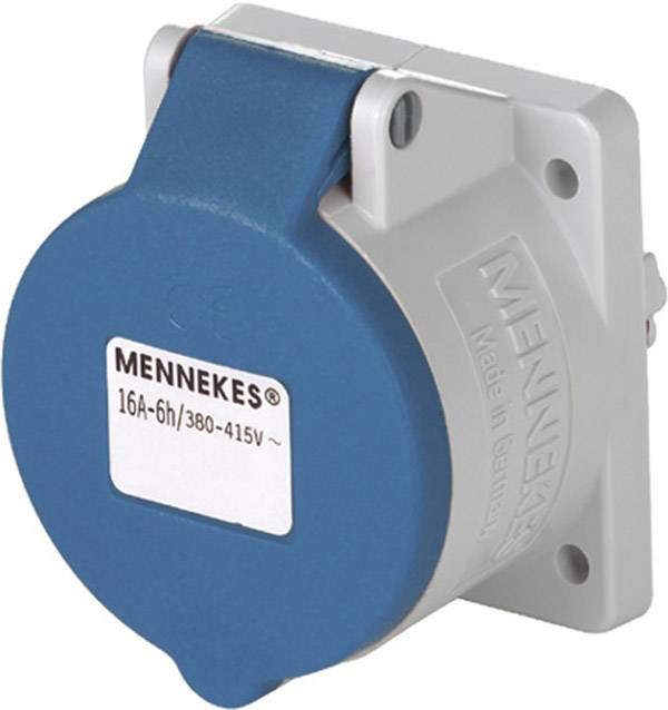 Industrie-Steckdose von Mennekes, blau-grau, für 380-415V, 16A. Quadratische Rückplatte, Schraublöcher an den Ecken.