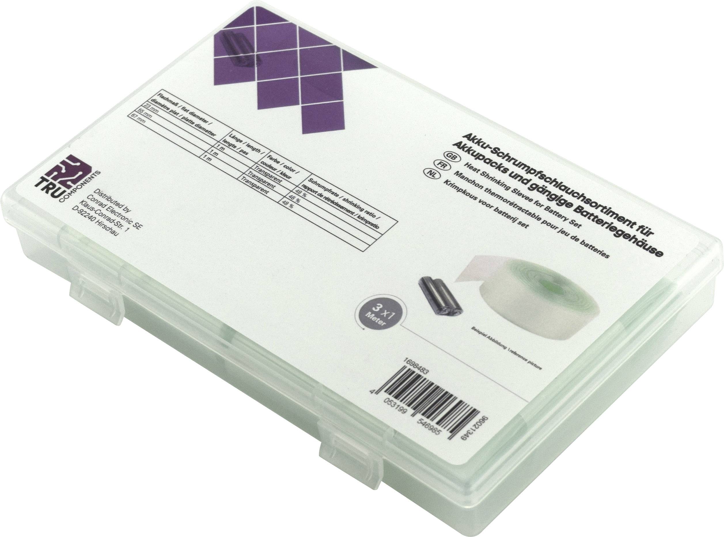 Kunststoffbox mit Schaumstoffdichtungen, auf Deutsch beschriftet. Enthält Tabelle mit Maßen und Informationen.