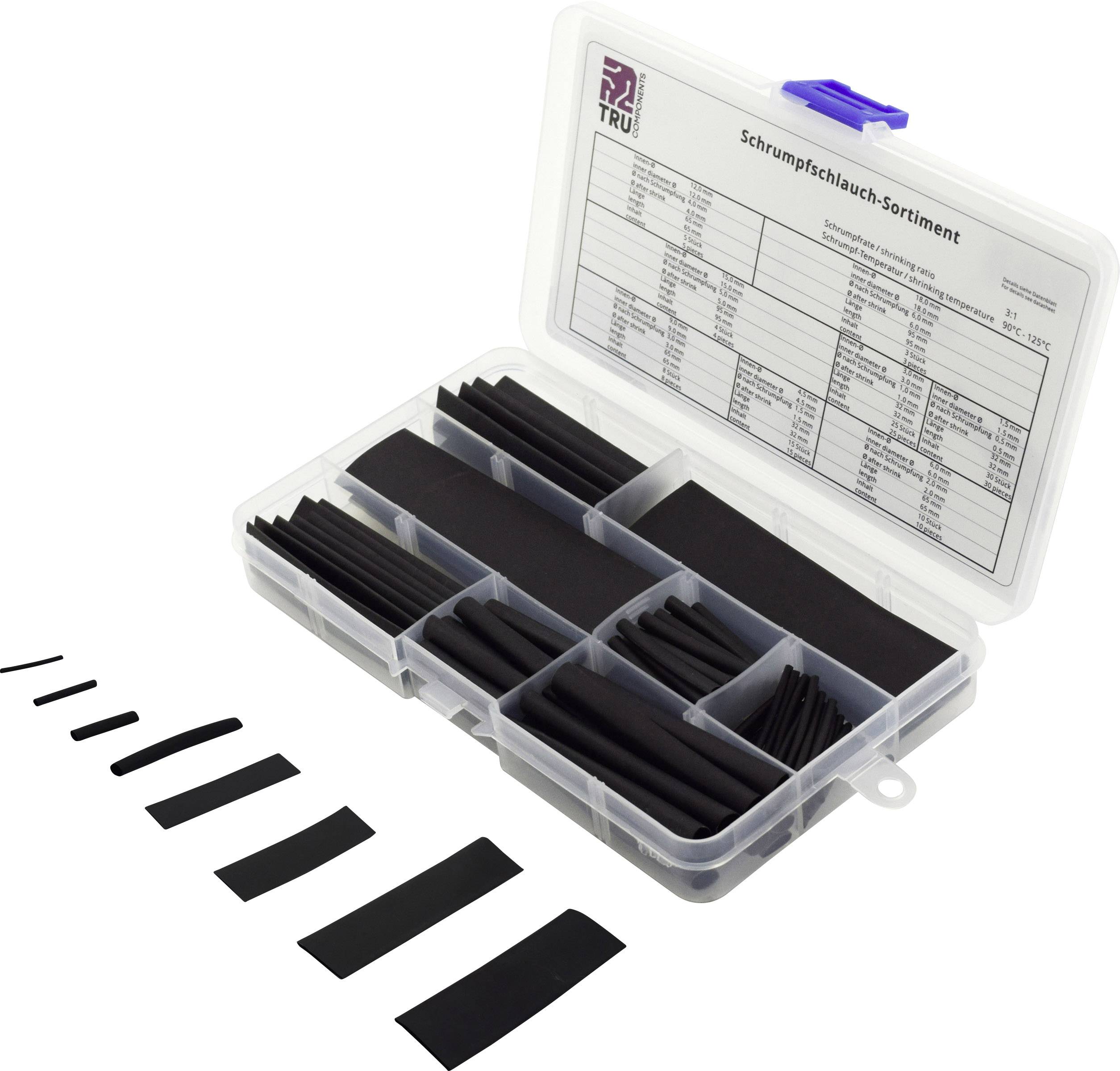 Sortiment von Schrumpfschläuchen in verschiedenen Größen, präsentiert in einer offenen Kunststoffbox. Tabelle auf dem Deckel zeigt Spezifikationen.