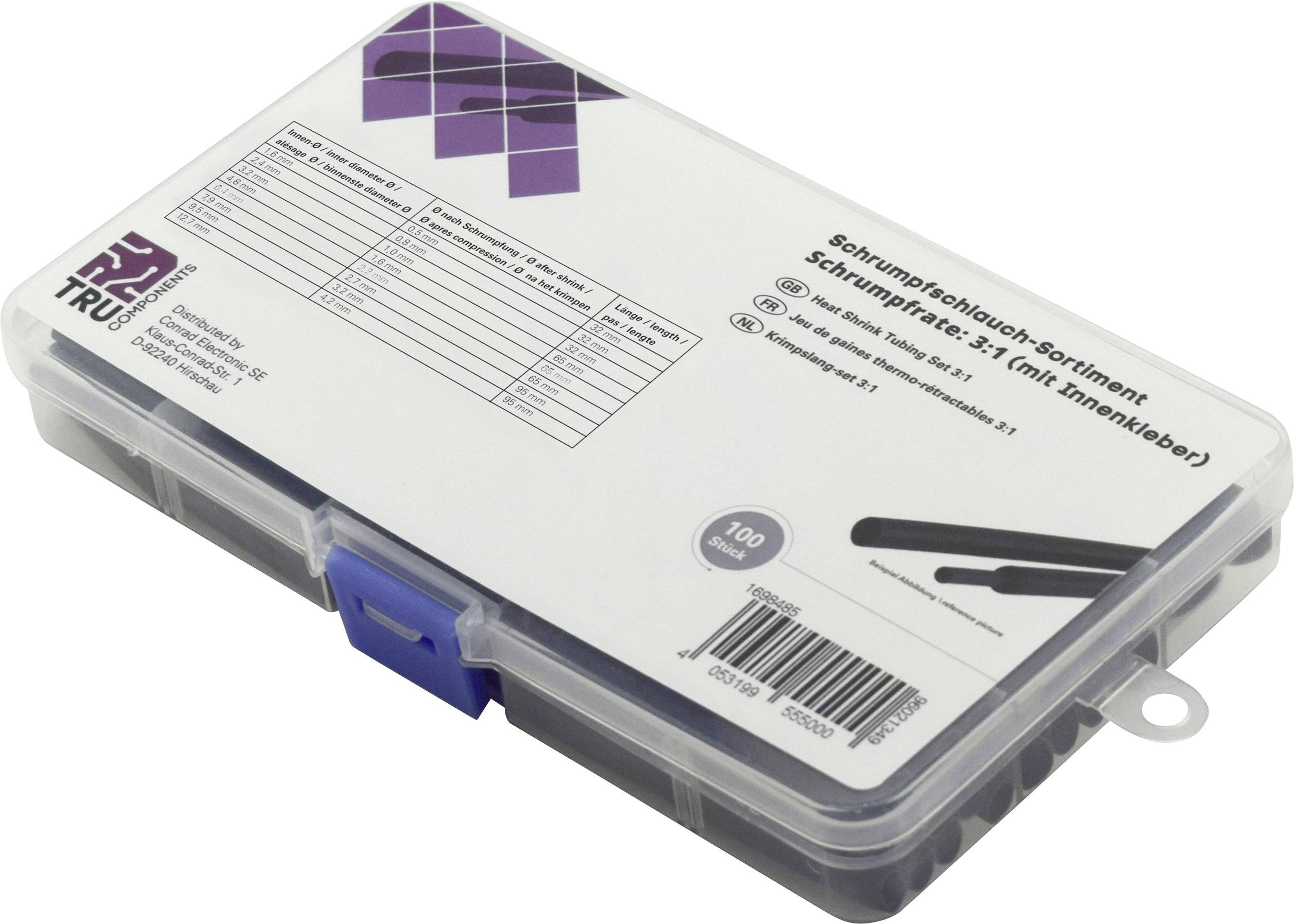 'Schrumpfschlauch-Sortiment' Box mit durchsichtigem Deckel und Beschriftung. Enthält verschiedene Größen von Schrumpfschläuchen.