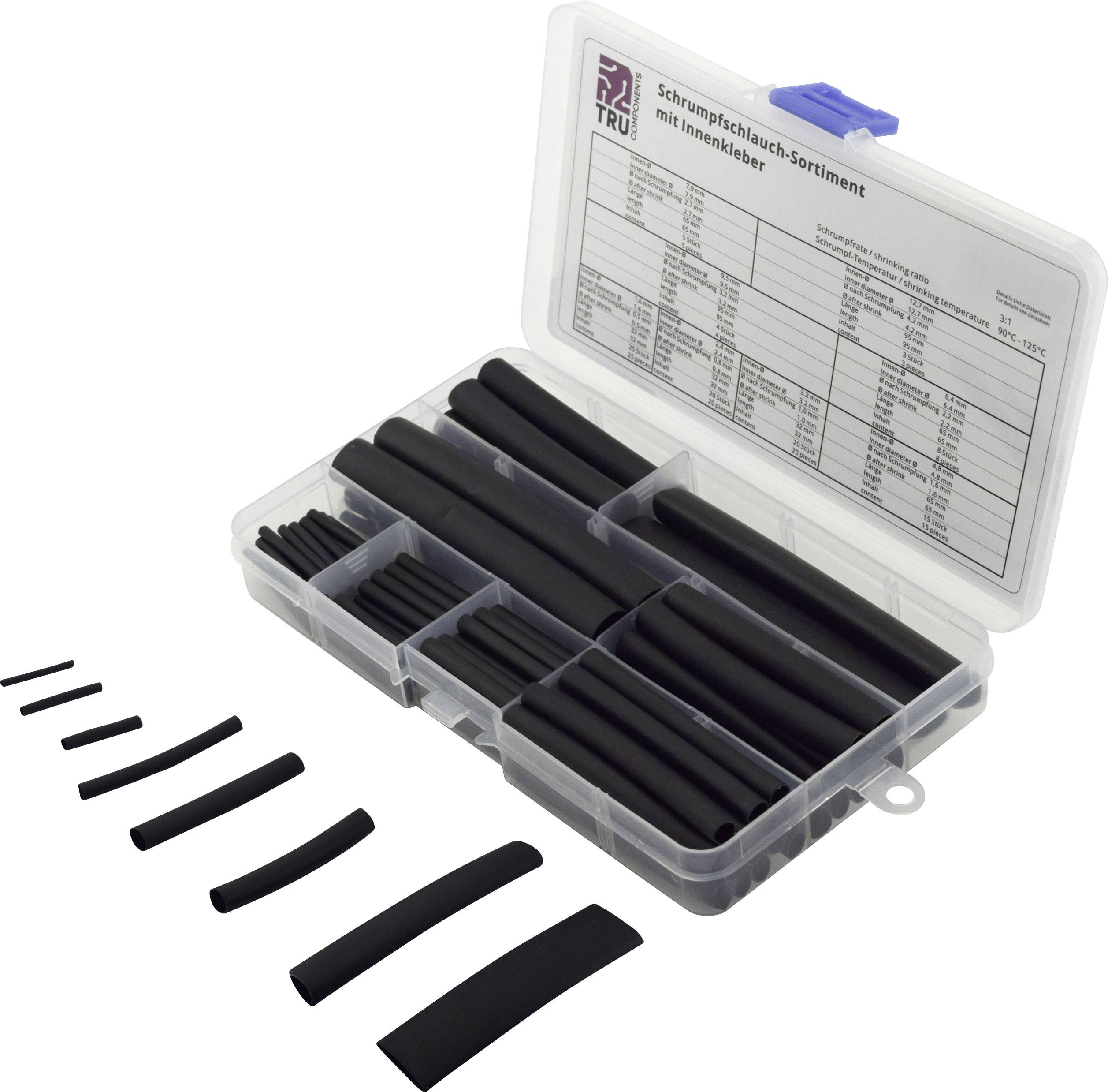 Set mit schwarzem Schrumpfschlauch in verschiedenen Größen, in einer durchsichtigen Kunststoffbox mit Fächern und Deckelaufschrift.