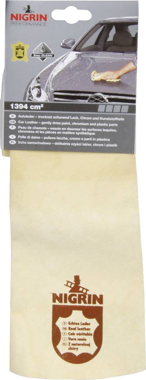 NIGRIN Reinigungstuch für Autos, ideal zum Trocknen und Polieren. Verpackung mit Abbildung eines Autos und Tuch im Einsatz.