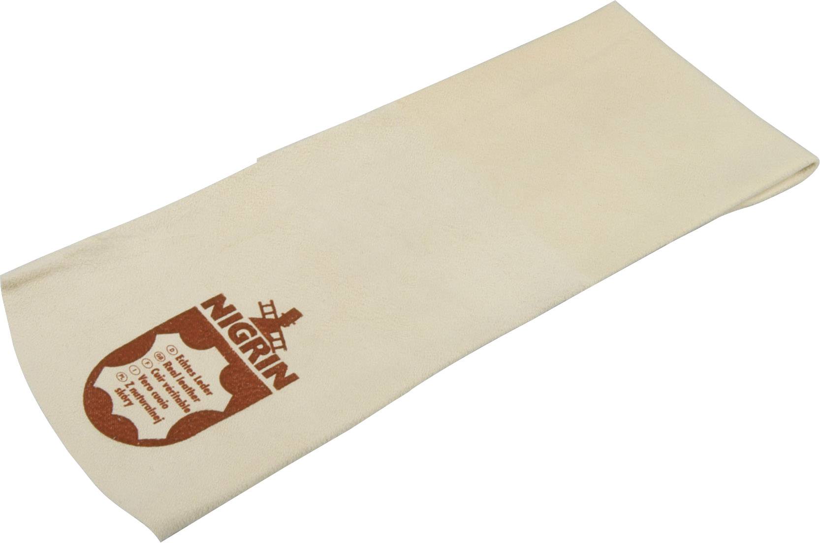 Ein beiges Reinigungstuch mit rotem 'Nigrin'-Logo und Anweisungen aufgedruckt. Verwendet zur Reinigung oder Politur.