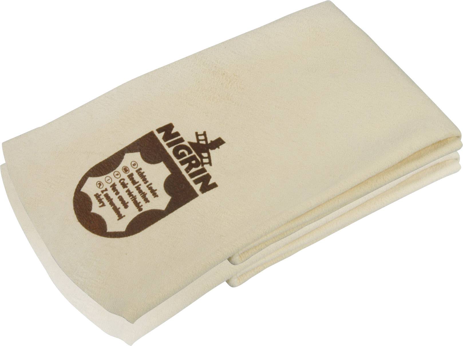 Beiges NIGRIN-Lederpflegeprodukt, gefaltet, mit Logo und Text. Geeignet zum Reinigen und Polieren von Oberflächen.