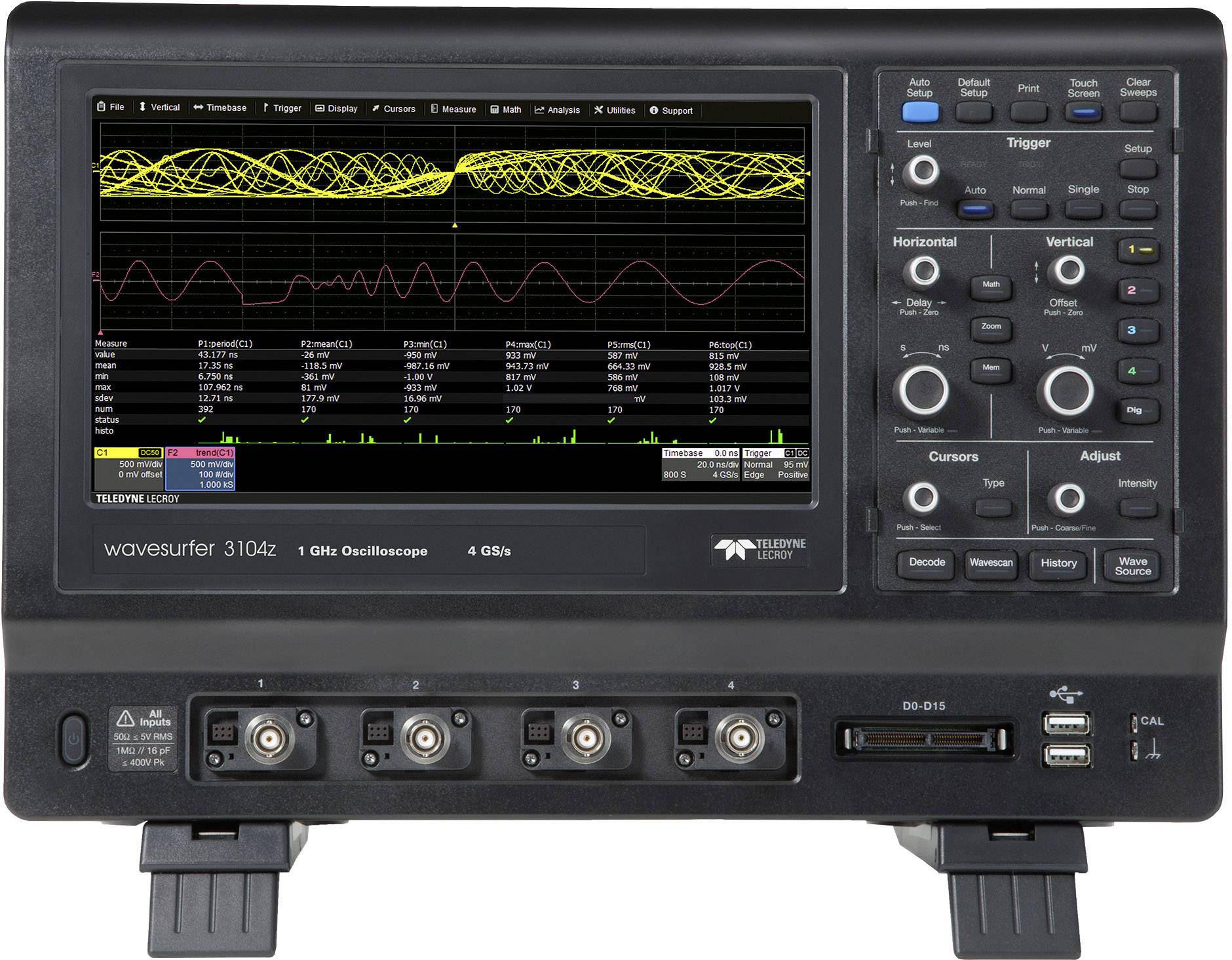 Oszilloskop mit einem Display, das Wellenformen und ein Messwertdiagramm zeigt. Zahlreiche Knöpfe zur Einstellung unterschiedlicher Parameter.