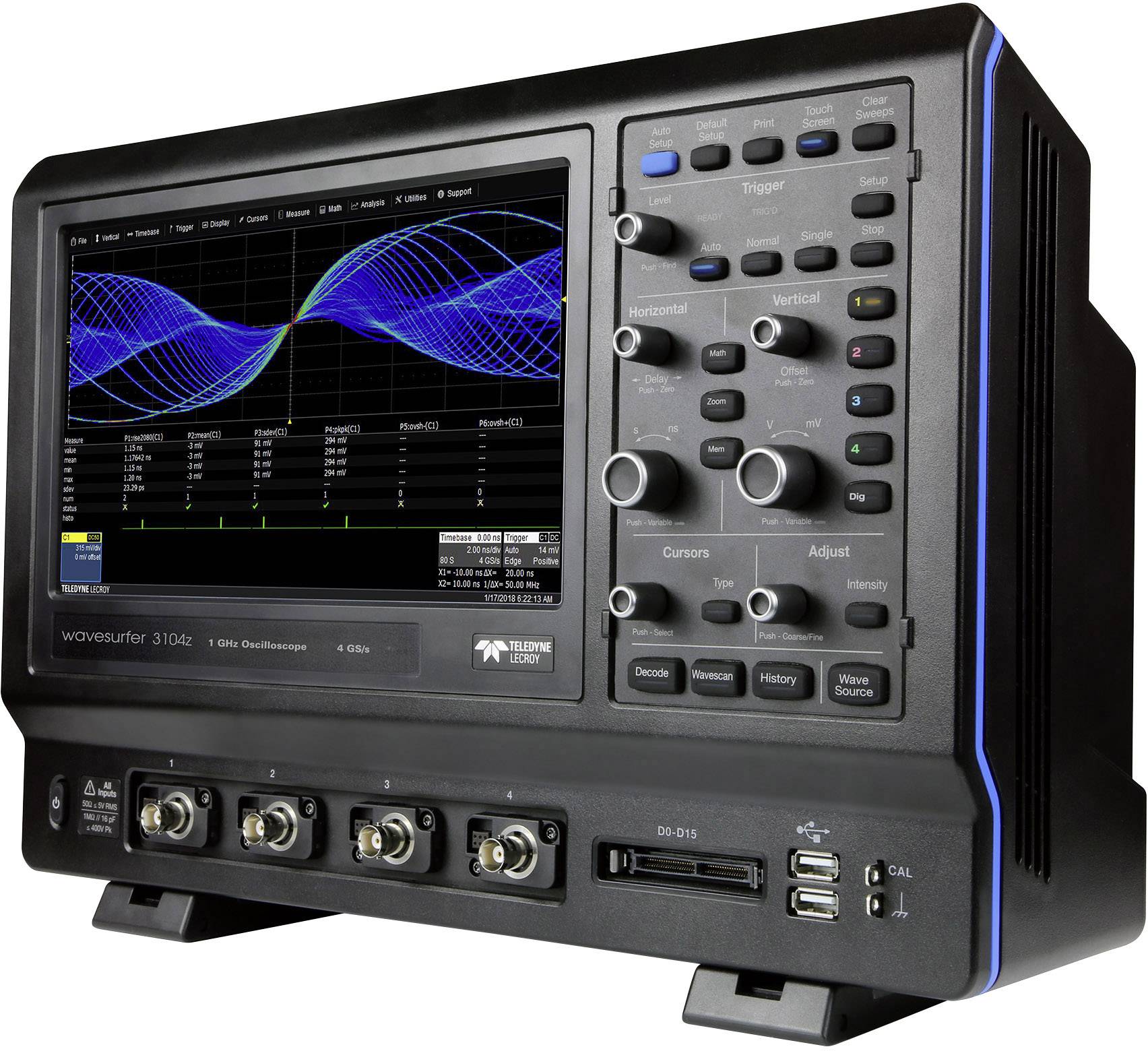 Ein Oszilloskop zeigt Wellenformen auf einem Bildschirm mit verschiedenen Reglern und Tasten zur Anpassung von Einstellungen.