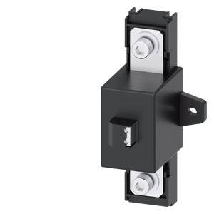 Schwarzer elektrischer Leistungsschalter mit zwei silbernen Metallanschlüssen oben und unten. Verwendet zur Unterbrechung von Stromkreisen.