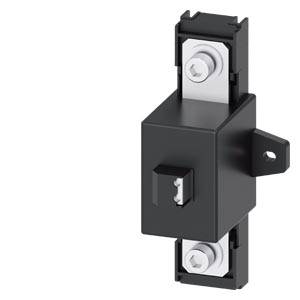 Ein schwarzes, rechteckiges elektrisches Gerät mit zwei silbernen Anschlussklemmen oben und unten, möglicherweise ein Schalter oder Modul.