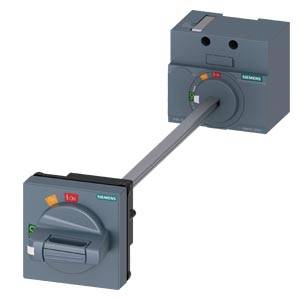 Ein Siemens-Schalter mit Verbindungsteil und Drehgriff. Der Schaltzustand ist deutlich sichtbar, grün für 