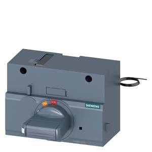 Ein grauer Siemens-Leistungsschalter mit Drehschalter vorne und Kabelanschluss an der Seite.