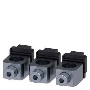 Drei metallische mechanische Klemmen in Reihe, jede mit einer sechseckigen Schraube. Klemmen sind grau mit schwarzen Elementen.