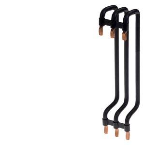 Drei schwarze doppelgebogene Haken mit Kupferspitzen, aneinandergereiht und nach unten zeigend, auf weißem Hintergrund.