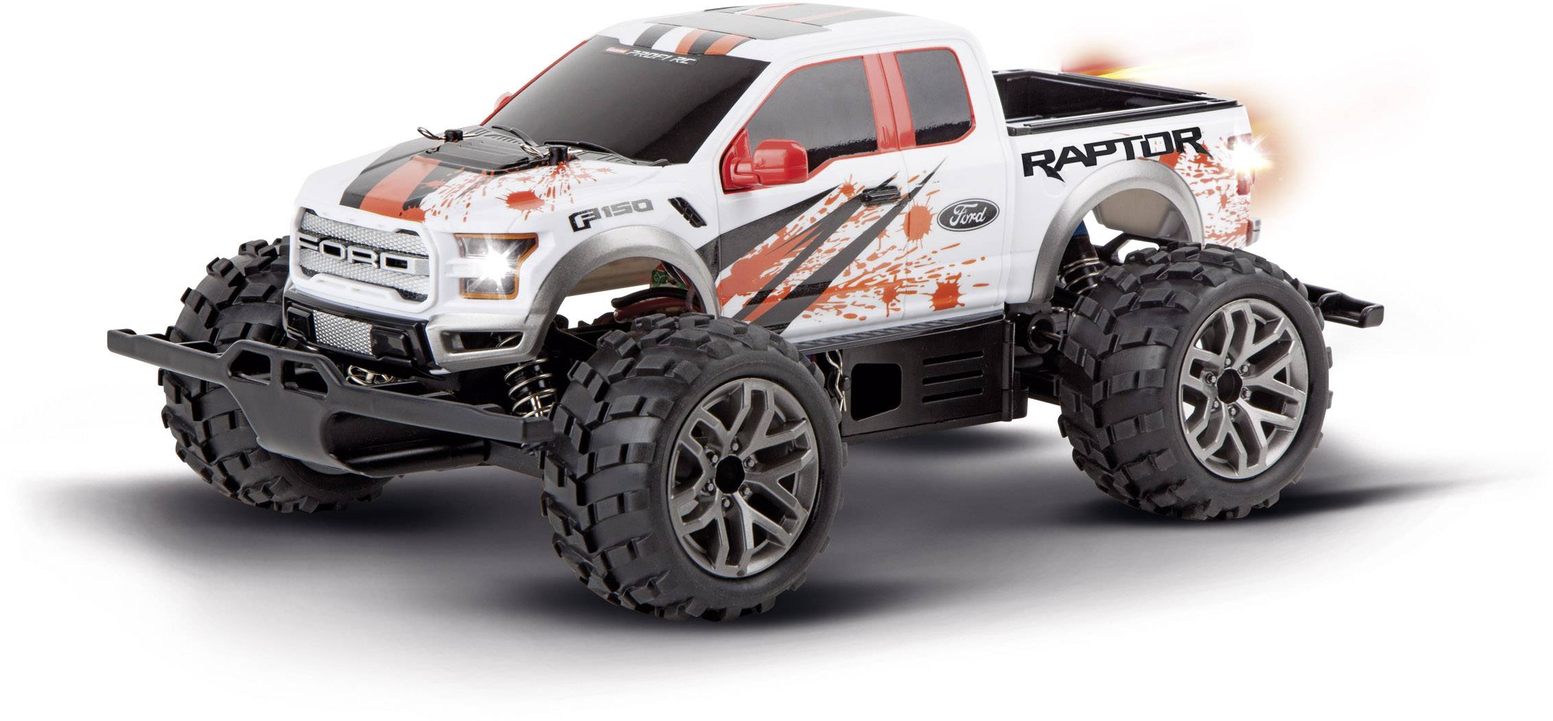 Ein ferngesteuertes Truck-Spielzeug im Offroad-Stil mit großen, groben Reifen und einer weißen Karosserie mit orange-schwarzen Grafiken.