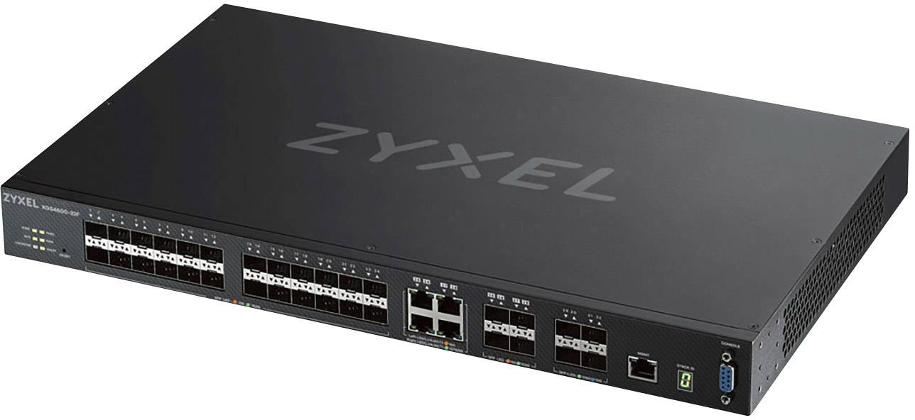 Ein schwarzer Netzwerk-Switch von Zyxel mit verschiedenen Ethernet- und Glasfaseranschlüssen, geeignet für Datennetzwerke in Unternehmen.