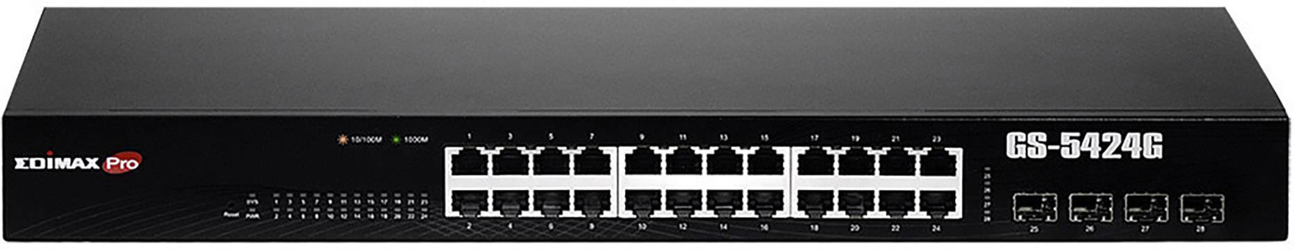 Ein schwarzer Netzwerkswitch von Edimax Pro mit 24 Ethernet-Ports und vier zusätzlichen Anschlüssen. Modellnummer: GS-5424G.