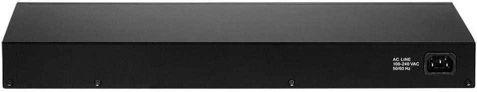Schwarze Elektronikkomponente mit mehreren Anschlüssen auf der Rückseite, möglicherweise ein Netzwerk- oder Audiogerät.