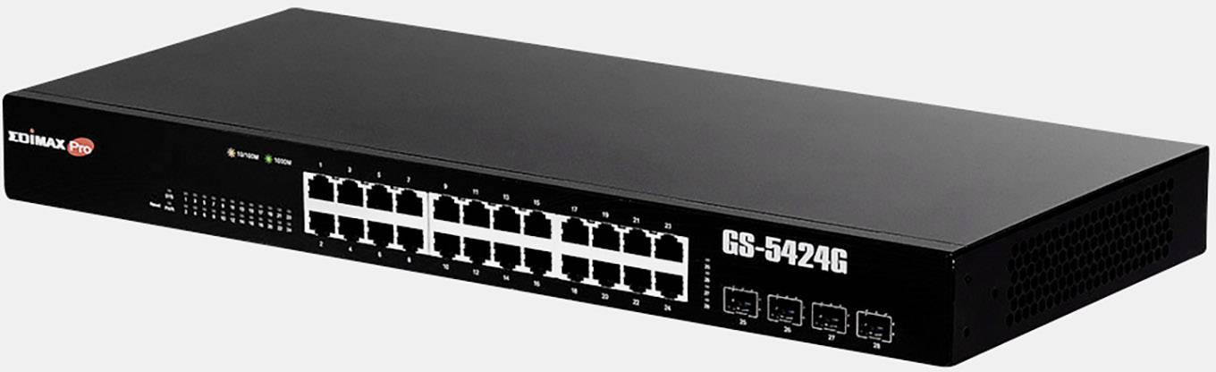 Schwarzer Netzwerk-Switch mit 24 Ethernet-Ports und weiteren Anschlussmöglichkeiten. Edimax-Logo oben links. Modell 'GS-5424G'.