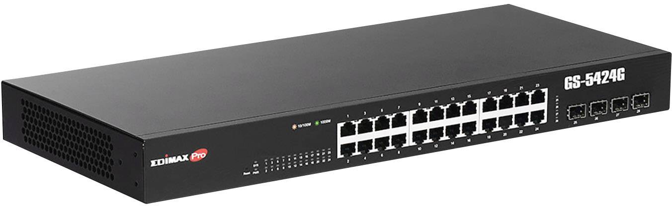 Ein schwarzer Netzwerk-Switch mit 24 Ethernet-Ports und vier weiteren Anschlüssen, geeignet für den Einsatz in einem Büro oder Rechenzentrum.