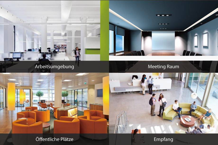 Offenes Büro mit Schreibtischen, ein Meetingraum, ein farbenfroher Aufenthaltsbereich und ein Empfangsbereich mit Personen.