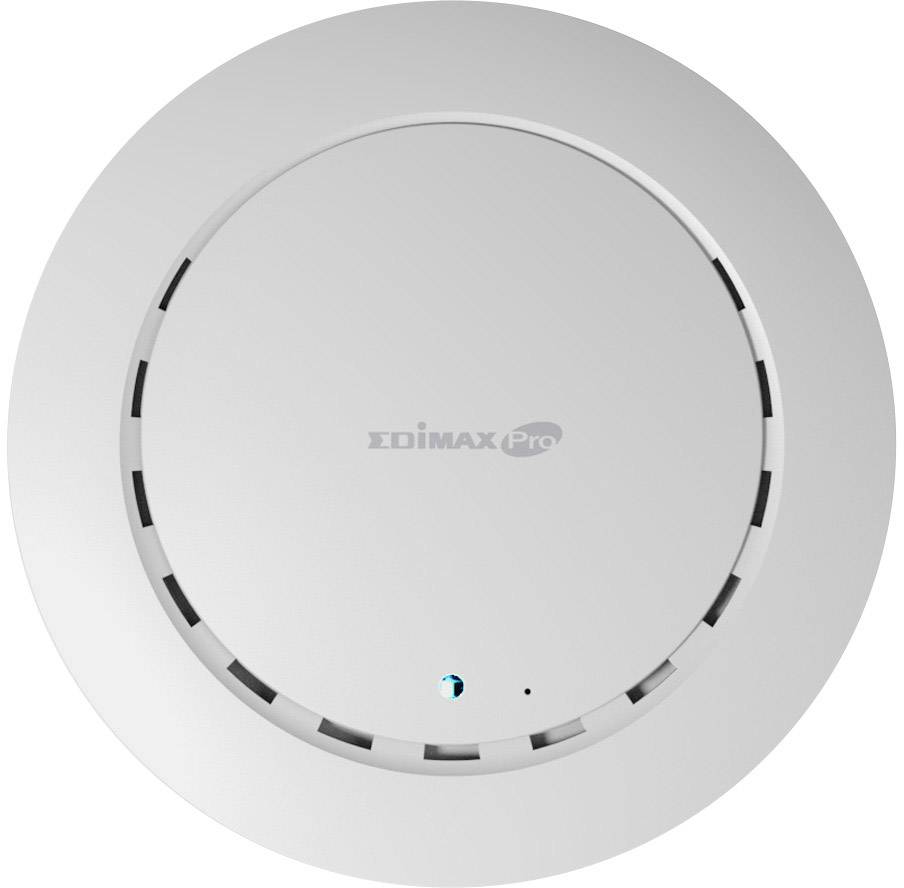 Ein runder, weißer WLAN-Access-Point mit dem 'Edimax Pro'-Logo in der Mitte; verfügt über Belüftungsschlitze und eine LED-Anzeige.
