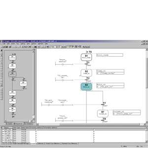 Software-Screenshot: Zeigt ein Diagramm mit mehreren verbundenen Komponenten und Code, das die Struktur und Funktionen eines Programms darstellt.