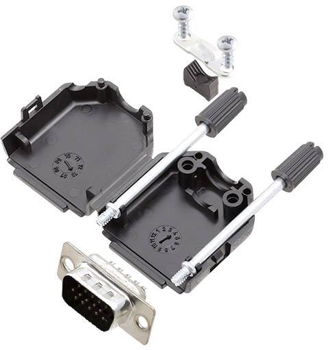 Ein geöffneter schwarzer Steckverbinder-Gehäusebausatz mit Schrauben und einem DB9-Stecker, der für serielle Verbindungen verwendet wird.