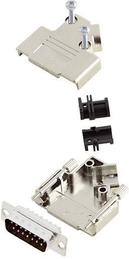Ein zerlegter D-Sub-Stecker mit Metallgehäuse, zwei Schrauben, Kunststoffkabelhalterungen und einem 9-poligen Anschluss.