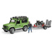 Bruder Land Rover Defender Station Wagon mit Anhänger, Ducati Scrambler Cafe Racer und Fahrer