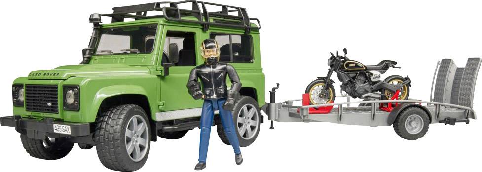 Bruder Land Rover Defender Station Wagon mit Anhänger, Ducati Scrambler Cafe Racer und Fahrer
