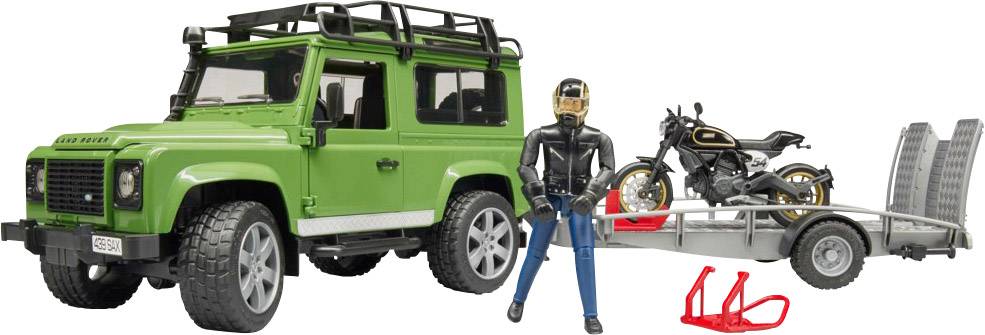Bruder Land Rover Defender Station Wagon mit Anhänger, Ducati Scrambler Cafe Racer und Fahrer