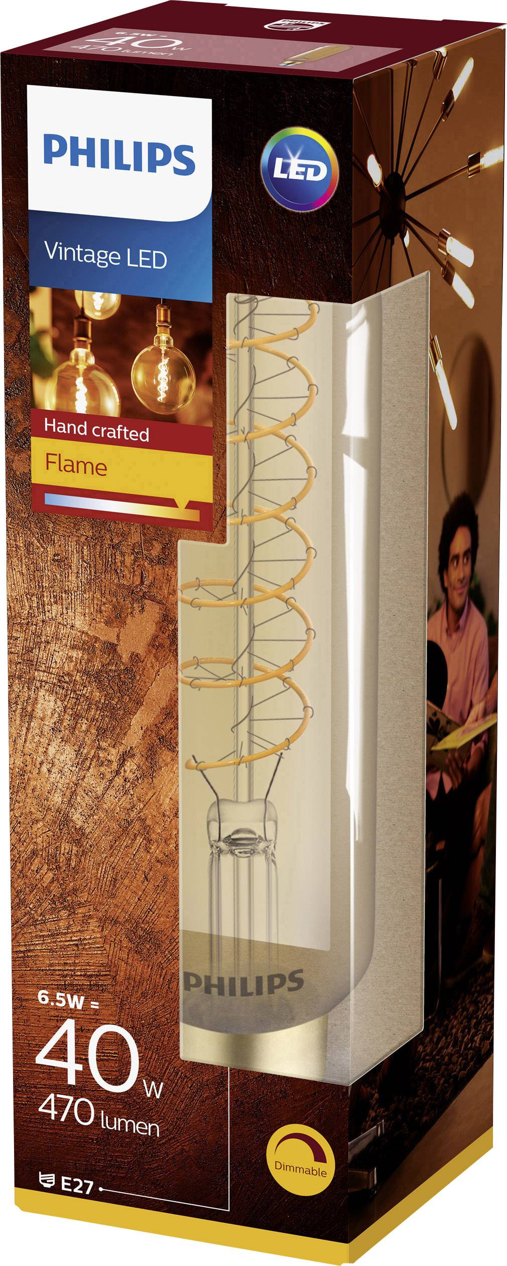 Philips LED 80351600 LED E27 Stabform 6.5W = 40W Warmweiß (Ø x L) 65mm x 273mm dimmbar, Filament 1St.