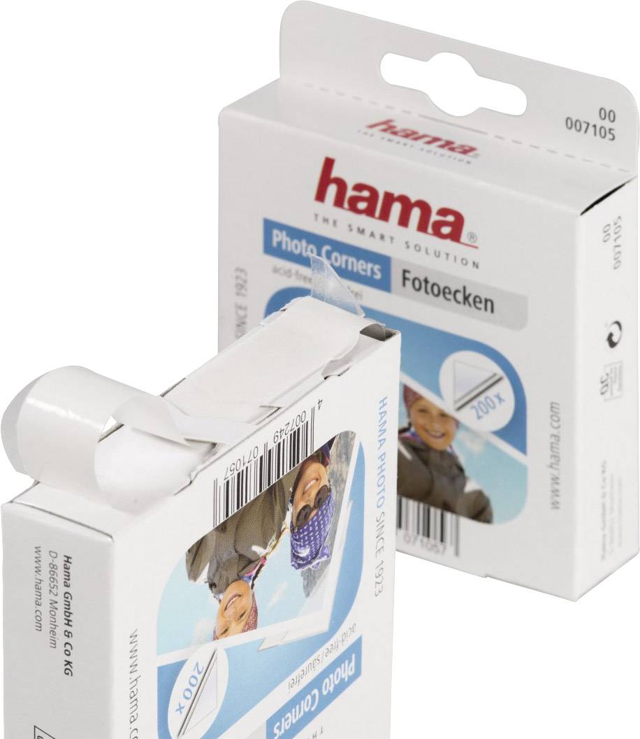 'Fotoecken' von Hama in ihrer Verpackung. Auf der Packung ist ein lächelndes Paar zu sehen. Produkt für Fotoalben, säurefrei.